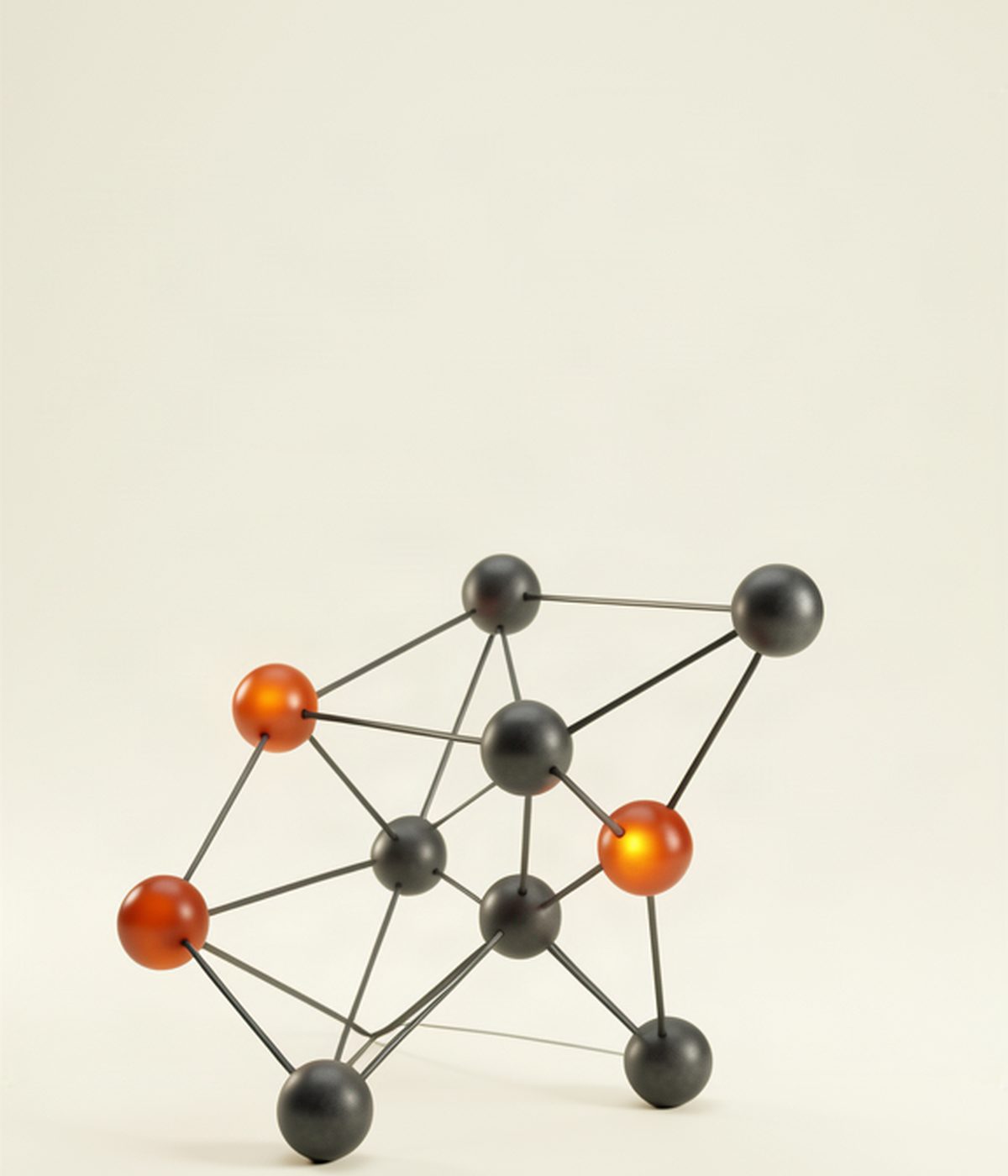 Abstract composition of interconnected nodes in dark graphite and orange, representing a distributed system