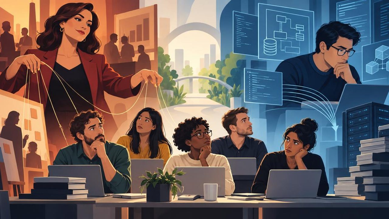 Illustration: a manager in a red blazer holds strings attached to five seated engineers looking up at her, with code and architecture diagrams on holographic screens behind them